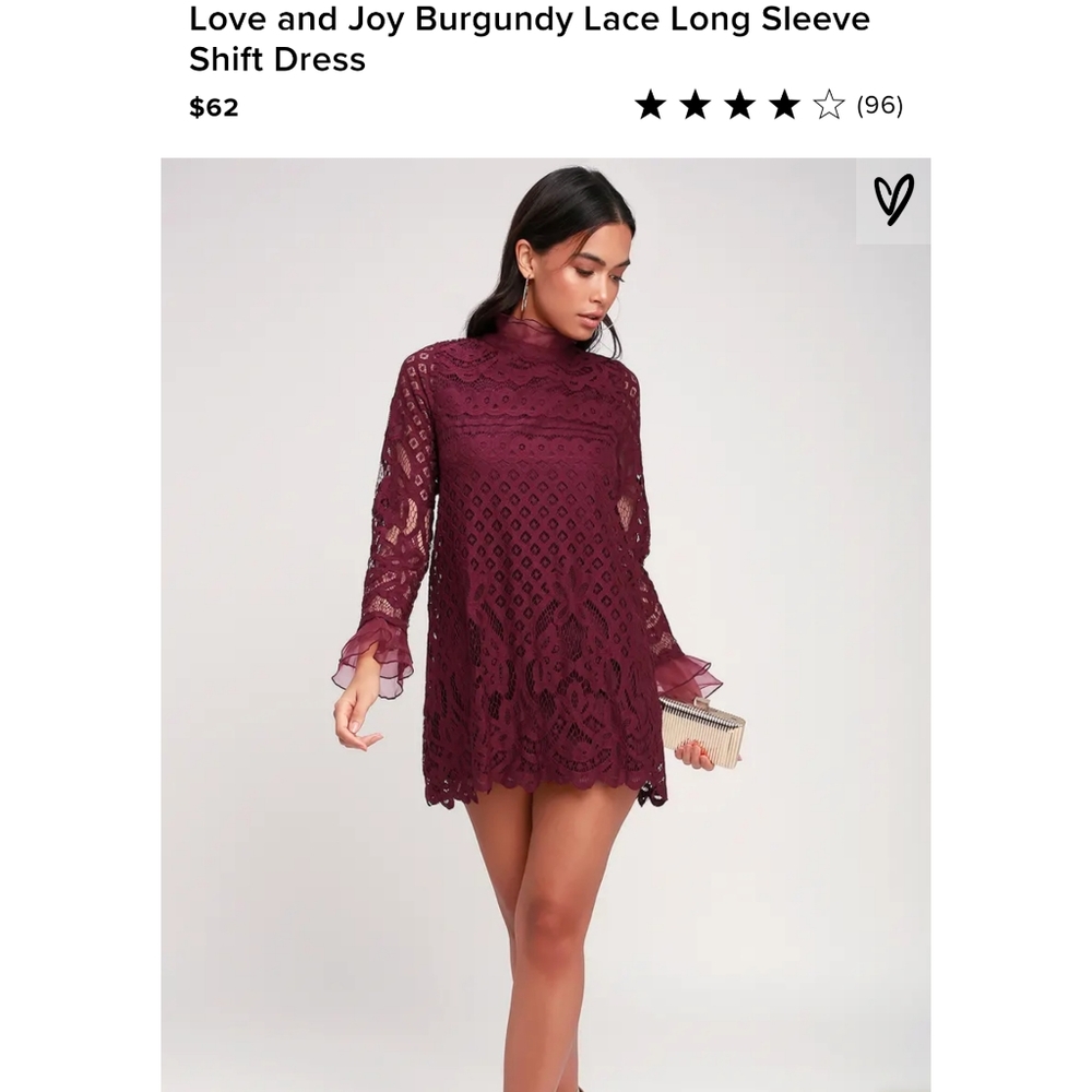 Lulu's Burgundy Lace Long Sleeve Shift Dress, Love